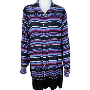 DKNY Shirt Dress L Black Blue Pink Red Striped Long Sleeve Button Down Tunic Top
